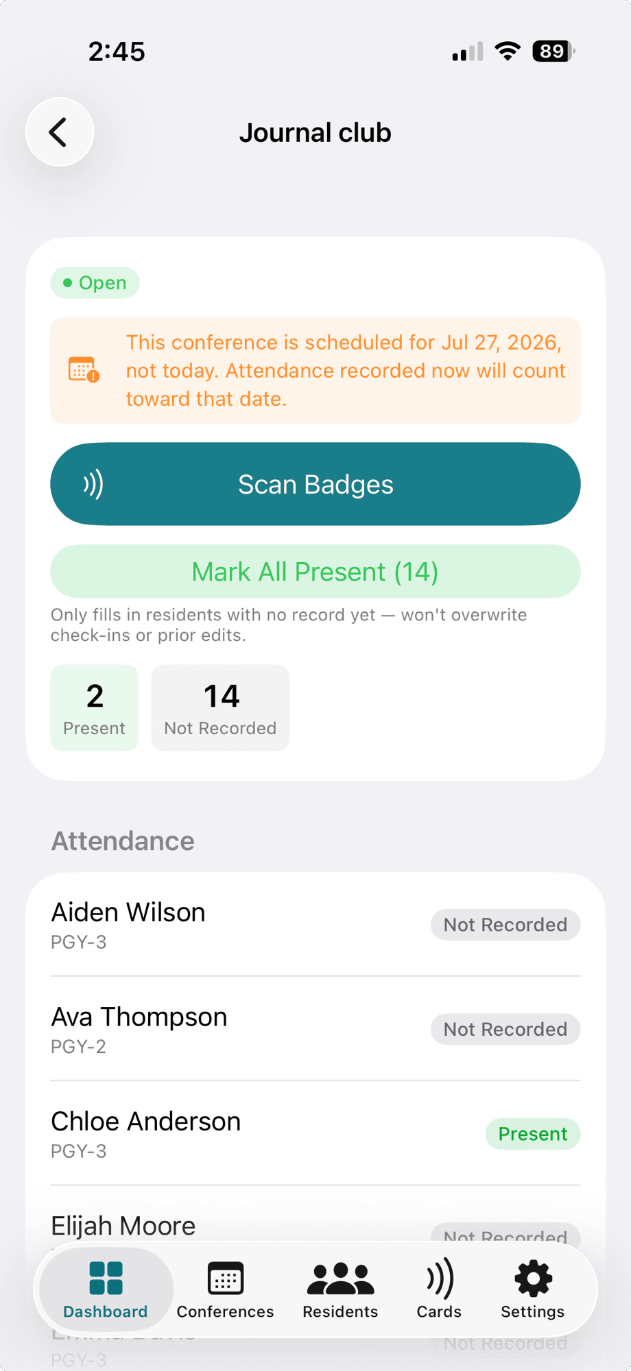 TapAttend conference check-in screen with a Scan Badges button and resident attendance list