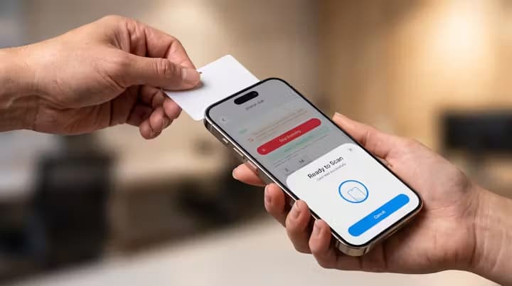A coordinator holding an NFC card up to an iPhone running TapAttend to check a resident in
