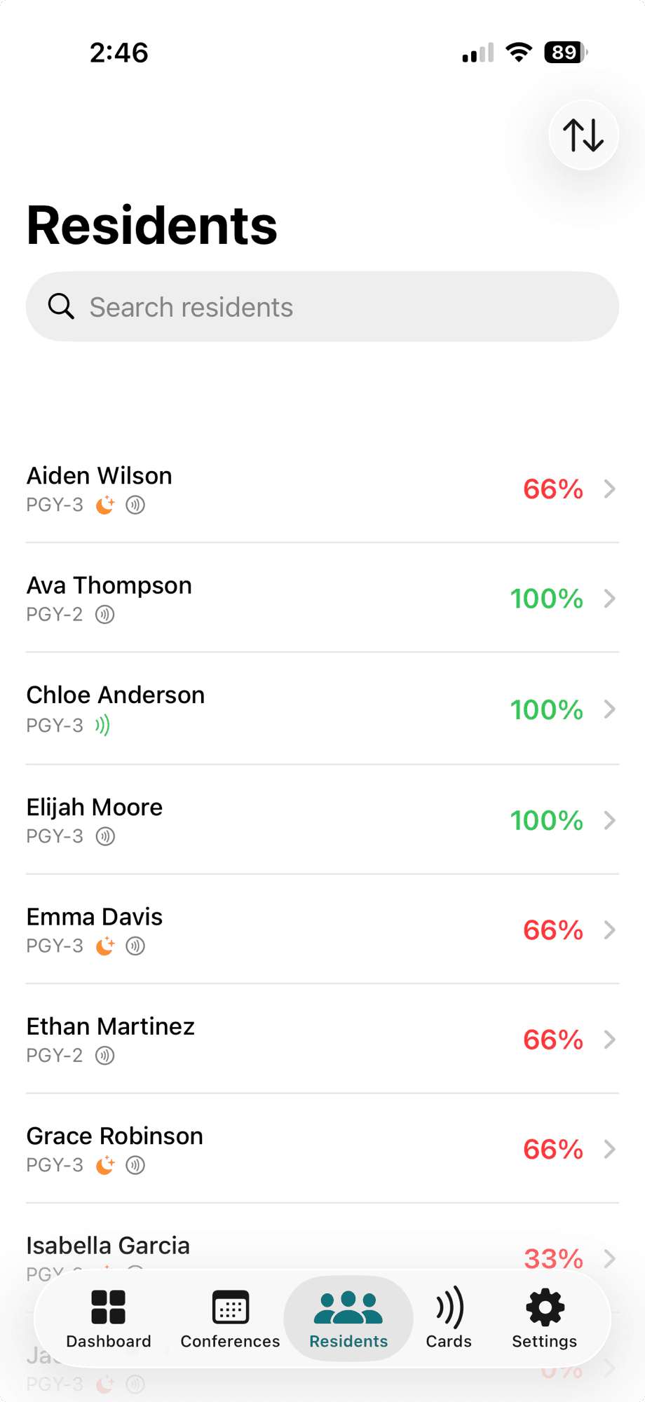 TapAttend resident roster with color-coded YTD attendance percentages
